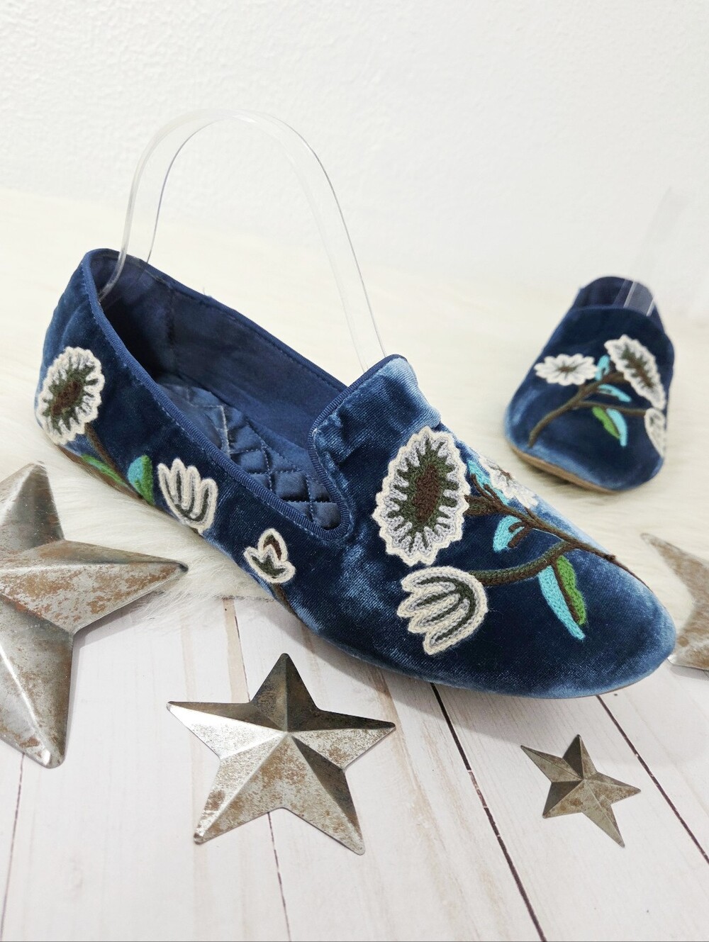 Birdies Starling loafer flats dark blue velvet floral embroidered women's Sz 8.5